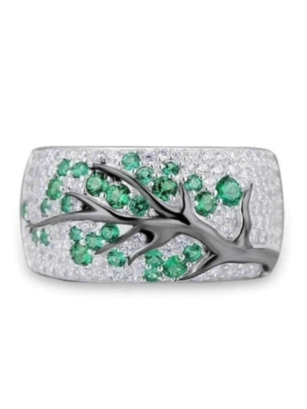 Emerald Tree of Life Silver Tone Statement Ring Size 9 NWT